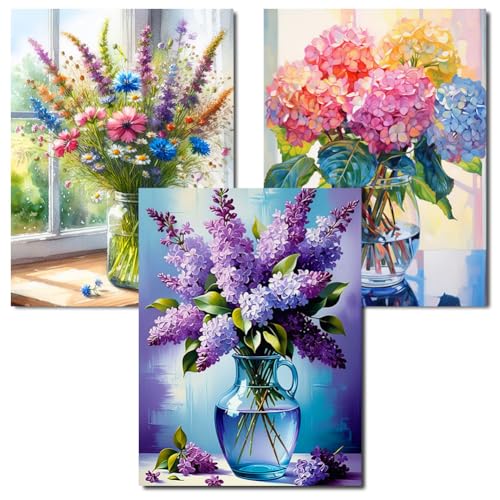 Axquilon 3 Pack Flowers Diamond Art Kits for Adults 12x16inch | Diamond Painting Kits for Adults, 5D Round Full Drill Vase Gem Art Paint by Diamonds Pictures DIY Crafts Kits - color: 3 Pack Vase