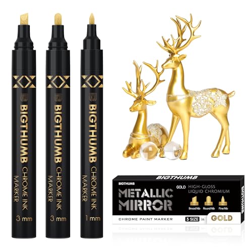 BIGTHUMB 3Pcs Liquid Chrome Paint Markers, Gloss Mirror Marker, Oil-based Permanent Chrome Maker, Reflective Metallic Pen Markers for Repairing, Model Painting DIY Art Projects, Gold - style: 3PCS Gold