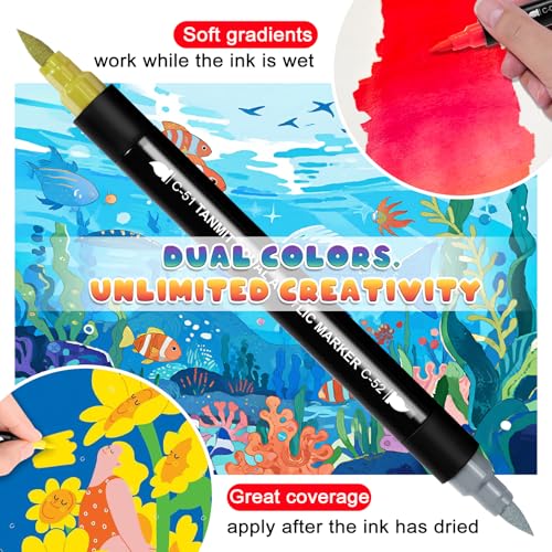 TANMIT 56 Colors Acrylic Paint Markers, 26 Pack Dual-Color Acrylic Paint Pens Markers for Rock Painting, Wood, Canvas, Stone, Glass, Ceramic Surfaces, DIY Crafts Art Supplies Kit - color: 56 Colors
