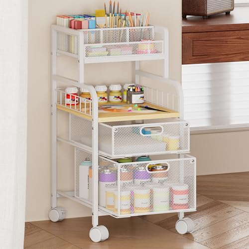 SWTYMIKI Rolling Cart with Drawers - Metal Craft Cart with Wheels, DIY Divider and Wood Shelf, Art Supply Organizer for Under Desk Storage, Utility Storage Cart for Home Office Studio, White - color: 4 Tiers-White, size: 4 Tiers