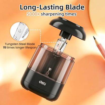 deli Electric Pencil Sharpener, Battery Operated, 6.5–8mm for Classroom | Battery Electric Pencil Sharpener, Durable Blade 5000+ Sharpen, Fits 6.5-8mm Pencils Classroom Kids Home - color: Black