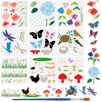 FINGERINSPIRE 9 Pcs Layered Animals and Plants Painting Stencil with Brush 11.8x11.8inch Butterflies Dragonflies Chickens Birds Drawing Template Tulips Hydrangeas Grass Mushrooms DIY Stencil - style: Layered Animals and Plants