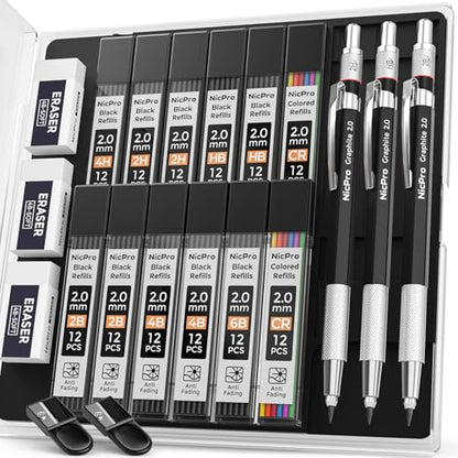 Nicpro 2mm Metal Mechanical Pencil Set with Case, 3PCS | Lead Pencil Holder 2.0 mm+144PCS Lead Refills (4H 2H HB 2B 4B 6B Color), 2mm Pencils for Drafting Writing Drawing Sketching - size: 3 Pack
