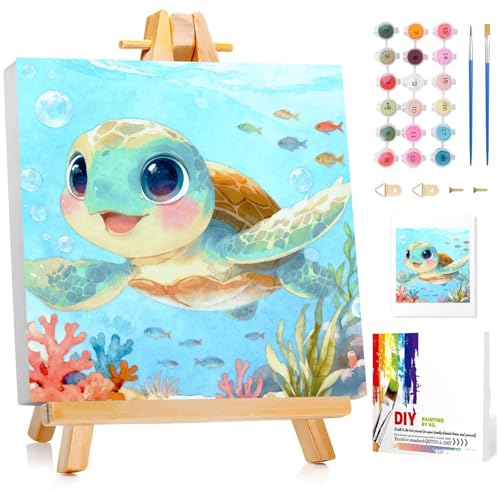 Sea Turtle Paint by Numbers Kit for Kids with Frame Wooden Easel 8x8 inch - color: style-2