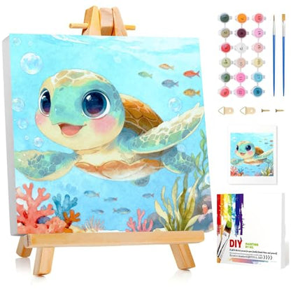 Sea Turtle Paint by Numbers Kit for Kids with Frame Wooden Easel 8x8 inch - color: style-2