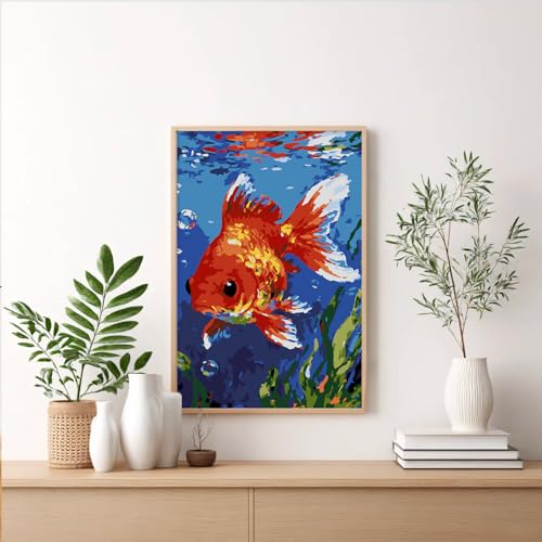 Framed Paint by Numbers Kit for Adults Beginner & Kids Ages 8-12, Goldfish Adult Paint by Number Kits on Canvas, without Easel, DIY Number Painting for Adults for Home Wall Decor Gift 8 x 12 Inch - color: XM-OP-F-GoldFish-2030