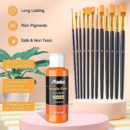 ABEIER Acrylic Paint Set, 24 Colors 2oz, 12 Brushes, Non-Toxic, Waterproof - style: Classic Colors