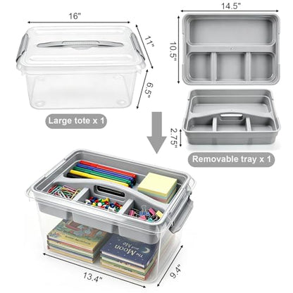 Yesland Portable Craft Storage Box with Removable Tray and Handle, 16x11x6.5 Inch Plastic Art Supply Organizer Container for Stationery, Sewing, Jewelry - Grey (Pack of 3) - size: 16 inches x 11 inches x 6.5 inches (Pack of 3)