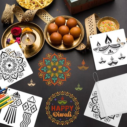 Konsait 16 PCS Diwali Rangoli Stencils for Painting on Wood, Reusable Mandala Stencils Templates Diyas Marigold Flower Rangoli Stencil for Diwali Crafts Decorations for Home
