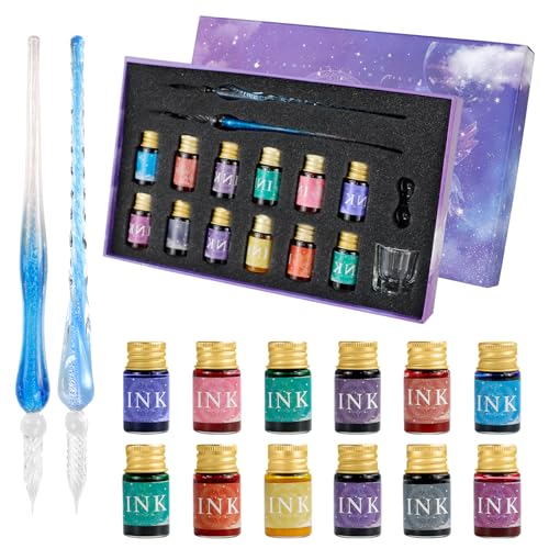 Glass Dip Pen Set, 16pcs Calligraphy Fountain Pens Set, 2 Crystal Glass Pen, 12 Gold Powder Drawing Drip Tool for Writing Signatures Art Christmas Gift, Calligraphy Kit for Beginners