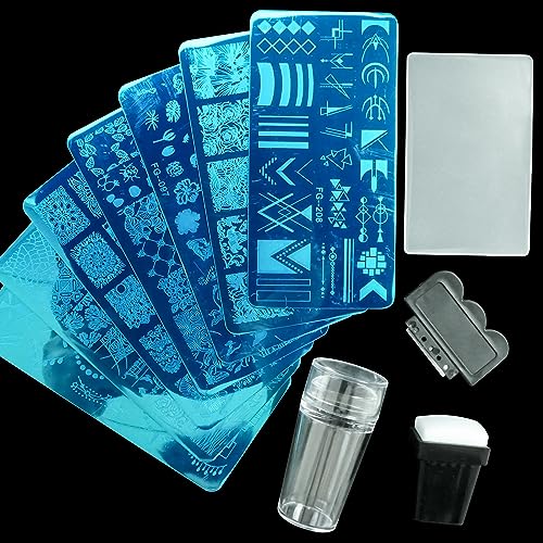 AddFavor Nail Stamper Kit 7pcs Nail Stamping Plates Flower Geometric Mandala Animal Image Nail Stencils with 2 Stamp and 2 Scraper for Home Salon Manicure Design Supplies Tools - color: Style D
