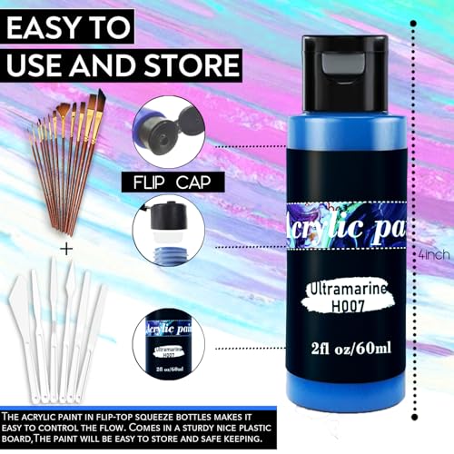 Acrylic Paint Set 118 PCS of 99 Colors 2fl oz 60ml Bottles with 12 Brushes and 6 Knives,Non Toxic No Fading Rich Pigment for Kids Adults Artists Canvas Crafts Wood Painting