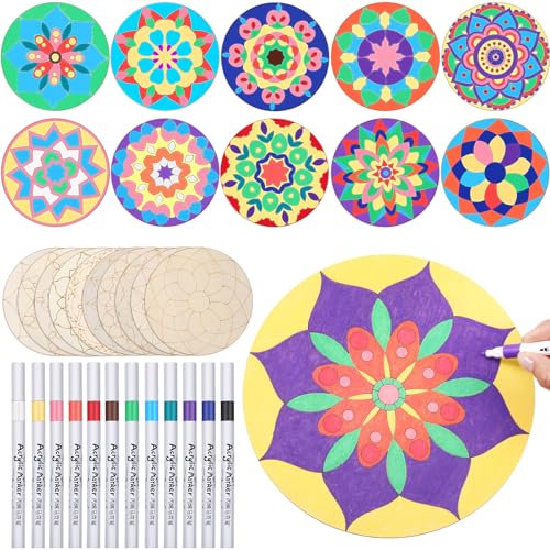 Vercraft 22 Pcs Wooden Mandala Painting Set 10 Mandala Unfinished Wood Cutouts with 12 Markers for Crafts Diwali Craft Wood Slices for Adults Painting DIY Tags Wedding Home Decors(Classic Style) - color: Classic Style