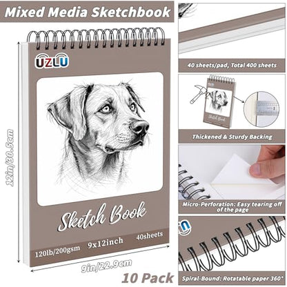 10 Pack 400 Sheets Heavyweight Sketchbook 9 x 12 in 200GSM Very Thick Mixed Media Art Drawing Paper Bulk Top Spiral Bound Sketch Pad Marker Paper Hardcover Acid Free for Artist Beginner Art Supplies - size: 9 x 12"-400 Sheet-10 Pcs
