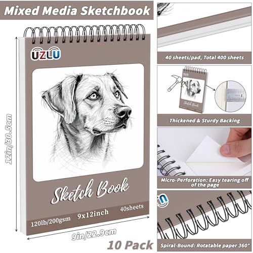 10 Pack 400 Sheets Heavyweight Sketchbook 9 x 12 in 200GSM Very Thick Mixed Media Art Drawing Paper Bulk Top Spiral Bound Sketch Pad Marker Paper Hardcover Acid Free for Artist Beginner Art Supplies - size: 9 x 12"-400 Sheet-10 Pcs