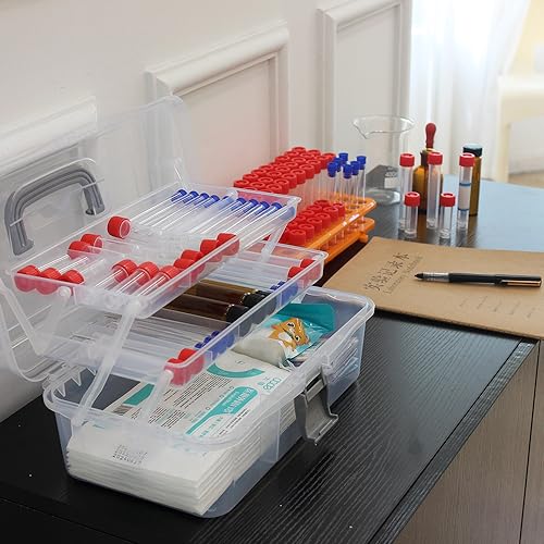 2-Tier Trays Clear Gray Plastic Storage Container Organizer Box, Multipurpose Portable Carrying Case with Latch Lock and Handle for Art, Craft, Sewing Supplies, First Aid, Makeup