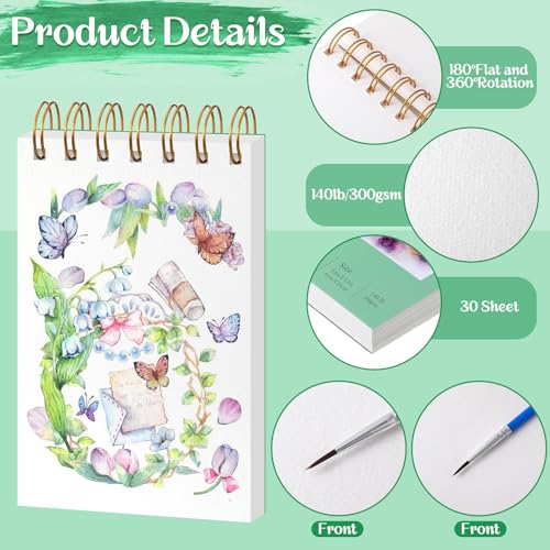 2 Small Watercolor Sketchbook with Watercolor Brushes, 3.5" x 5.5" | Watercolor Paper Pad, 60 Sheets 140lb/300g Water Color Paper Spiral - Bound with Tear - Line Travel Sketchbook