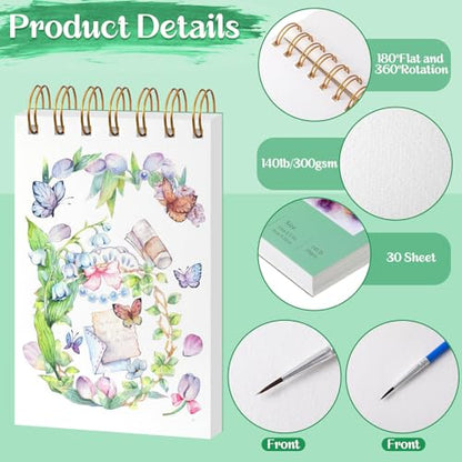 2 Small Watercolor Sketchbook with Watercolor Brushes, 3.5" x 5.5" | Watercolor Paper Pad, 60 Sheets 140lb/300g Water Color Paper Spiral - Bound with Tear - Line Travel Sketchbook