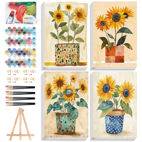 4 Pack Framed Paint by Numbers Kit for Adults with Wooden Easel, Sunflower Easy Paint by Number Kits with Frame, DIY Acrylic Adult Paint by Number Kits on Canvas Framed for Home Decor Gift 8x12 Inch - color: XM-OP-4P-F-Sunflower-2030