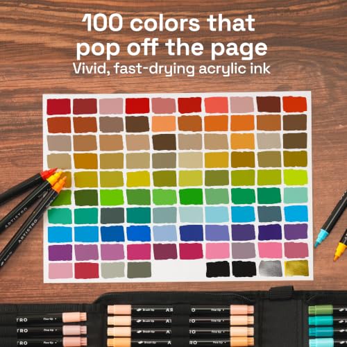 ARTISTRO 100 Dual-Tip Acrylic Paint Marker Pens with Storage Bag | Brush & Fine Precision Tips, Painting & Calligraphy, Multisurface for Fabric, Rock, Glass Painting, Wood, DIY, Craft, Canvas