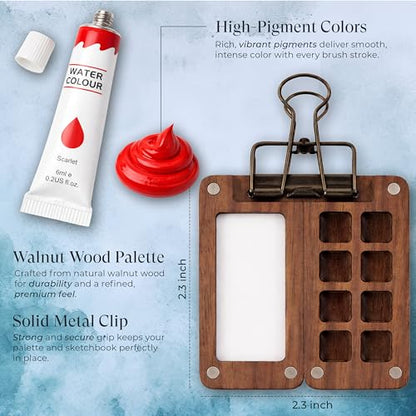 Mini Watercolor Travel Set, Walnut Wood 12 Colors Brush, Sketchbook, 2 Pens