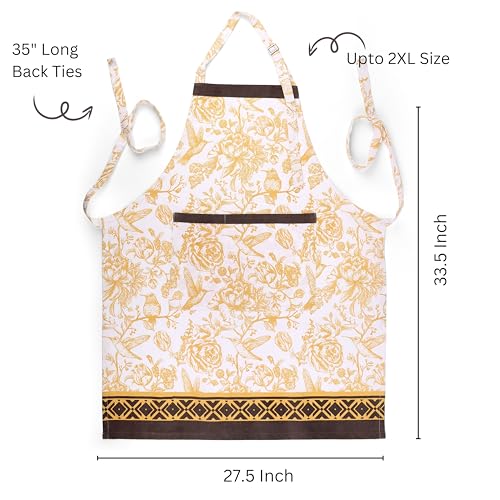 FINGERCRAFT Apron, Dual Pocket, Adjustable Tie, Multipurpose Washable Bib Apron for Home, Kitchen, Chef and Professionals - color: Bloom Gold Ochre