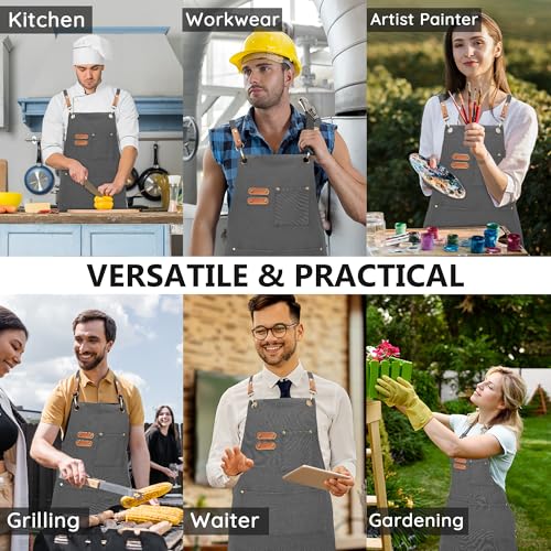 Chef Canvas Aprons with 3 Large Pockets Adjustable Strap for Men Women - color: Gray