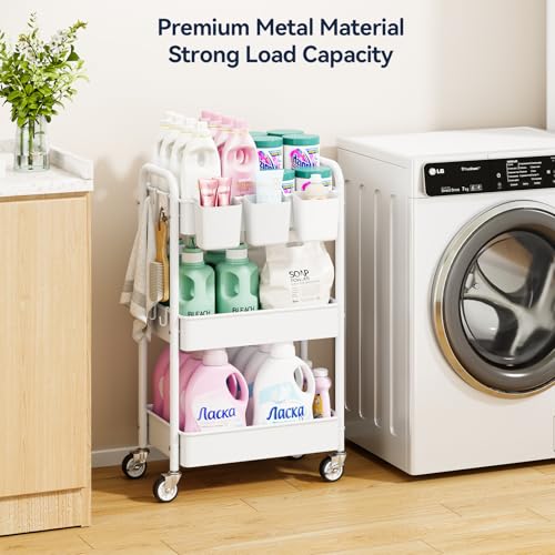 YASONIC 3 Tier Rolling Cart, Heavy Duty Metal Utility Cart with Wheel White | Sturdy Rolling Storage Cart With Hooks & Hanging Cups, Great For Craft, Art Workspace, Kitchen ,Snack And Office Storage - color: White