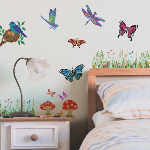 FINGERINSPIRE 9 Pcs Layered Animals and Plants Painting Stencil with Brush 11.8x11.8inch Butterflies Dragonflies Chickens Birds Drawing Template Tulips Hydrangeas Grass Mushrooms DIY Stencil - style: Layered Animals and Plants