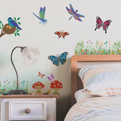 FINGERINSPIRE 9 Pcs Layered Animals and Plants Painting Stencil with Brush 11.8x11.8inch Butterflies Dragonflies Chickens Birds Drawing Template Tulips Hydrangeas Grass Mushrooms DIY Stencil - style: Layered Animals and Plants