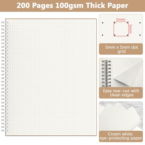 A4 Dotted Journal Notebook, 2 Pack Large Spiral Dot Grid Notebook, 200 Pages 100gsm Thick Dot Grid Paper Journal for Sketching Writing Taking Note and More - Kraft Brown Cover, 8.5" x 11" - color: Dotted