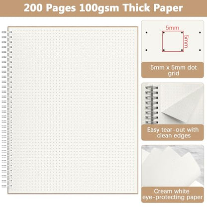 A4 Dotted Journal Notebook, 2 Pack Large Spiral Dot Grid Notebook, 200 Pages 100gsm Thick Dot Grid Paper Journal for Sketching Writing Taking Note and More - Kraft Brown Cover, 8.5" x 11" - color: Dotted