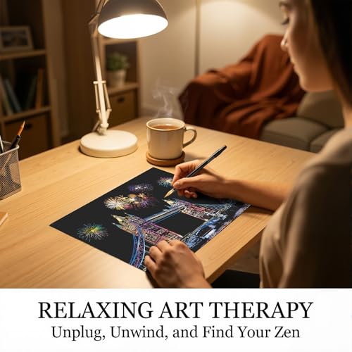 4-Sheet Rainbow Scratch Art with Tools for Adults & Teens, A4 Landmarks - color: Scenic Spots