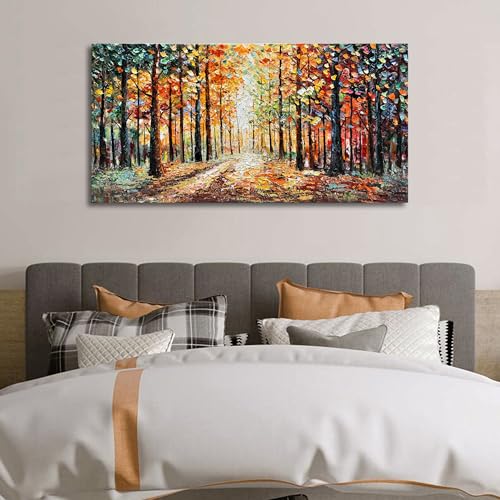 Art Hand Painted Red Maple Forest Landscape Oil Painting Modern Abstract Art Home Wall Deco Art 24x48 inches - color: Dn183