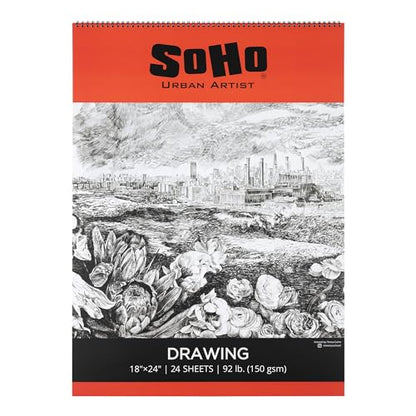 SoHo Urban Artist Softcover Drawing Pad - 18"x24", 6 Pack w/144 Sheets Total - 92 lbs/150gsm, Mixed Media, Dual-Sided, Acid-Free, Wire-Bound, Micro-Perforated, Repeated Erasing & Reworking - size: 18"x24"