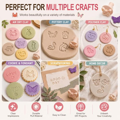 30 Pcs Animal Pattern Clay Modeling Stamp Set with 72-Character Letter Stamps and Storage Box, Animal Pattern Stamps for Polymer/Ceramic Clay, Pottery Craft, Cookie and Jewelry Making - style: Animal