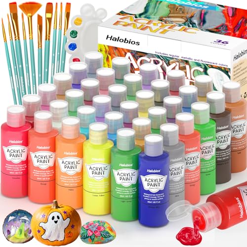 Halobios Acrylic Paint Set 36 Colors, Premium Acrylic Paints for Students & Adults, With Fluorescent Colors & Metallic Colors for Painting, Drawing & Art Supplies, DIY Arts and Crafts - size: 2 Fl Oz (Pack of 36)