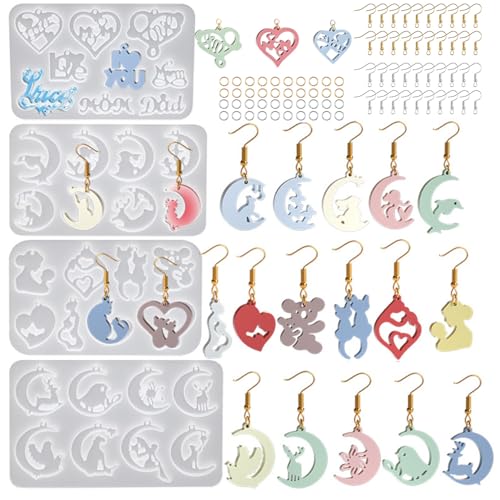 4Pcs Earring Resin Silicone Molds with 40 Earring Hooks, Epoxy Resin Jewelry Molds Silicone Set for Casting Irregular Shape Mold for Earrings Pendant Necklace Bracelet Keychain (4 Pcs-Large) - size: 4 Pcs-Large