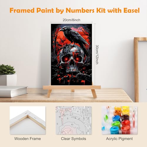 MOGTAA Halloween Paint by Numbers Kit for Adults Beginners with Frame, Skull Adult Paint by Number Kits on Canvas with Easel, Easy DIY Birds Oil Painting Kits for Home Decor, 8x12in - color: Halloween Skull