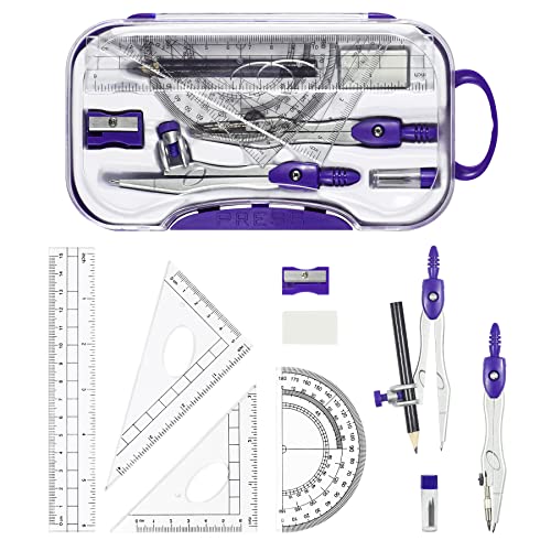 Vobou 10 pcs Math Geometry Set Student Supplies,Compass Kit Set (Purple） | Shatterproof Storage Box,Rulers,Protractor,Compass,Eraser,Pencil Sharpener,Lead Refills,Pencil,for School and Drawing - color: Purple