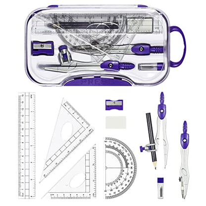 Vobou 10 pcs Math Geometry Set Student Supplies,Compass Kit Set (Purple） | Shatterproof Storage Box,Rulers,Protractor,Compass,Eraser,Pencil Sharpener,Lead Refills,Pencil,for School and Drawing - color: Purple