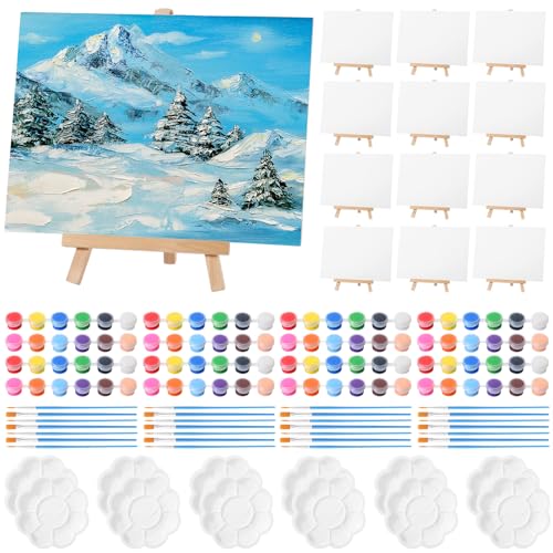 Qilery 12 Set Canvas Painting Kit, Mini Canvas with Wooden Easels Acrylic Paints Strips, Brushes, Palette, Art Set for Acrylic Oil Watercolor Adults Birthday Party Favors(6 x 8 Inch) - size: 6 x 8 Inch