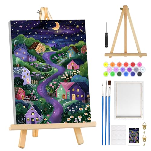 MOGTAA Starry Night Paint by Numbers Kit for Adults Beginners with Frame, House and Flowers Adult Paint by Number Kits on Canvas with Easel, Easy DIY Oil Painting Kits for Home Decor, 8x12in - color: Starry Night