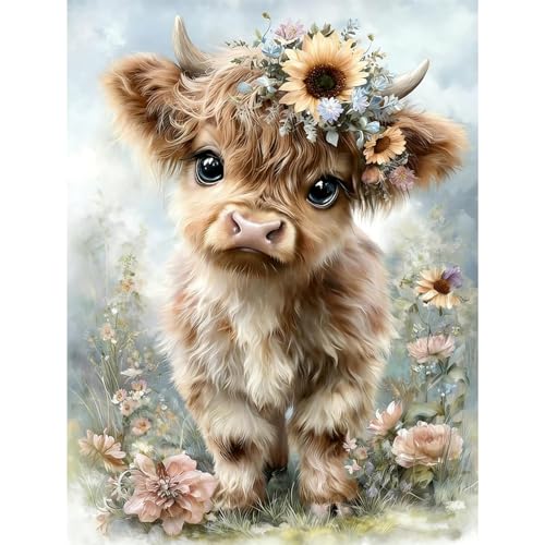Highland Cow Diamond Art Kits for Adults,Retro Flowers Diamond Painting | Diamond Art Kit for Beginners, 5D DIY Full Drill Diamond Painting Gem Art, Home Wall Art Gifts(12x16 inch) - color: DP03966