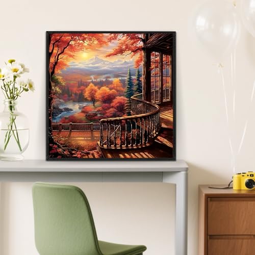LKHMVCA Fall Forest Sunrise Mountain Paint by Numbers Kit for Adults, DIY Paint by Numbers Kits for Adults Beginners Without Frame, Acrylic Paint Canvas Painting Kits Art for Home Decor 16x16 Inch - color: Fall Landscape