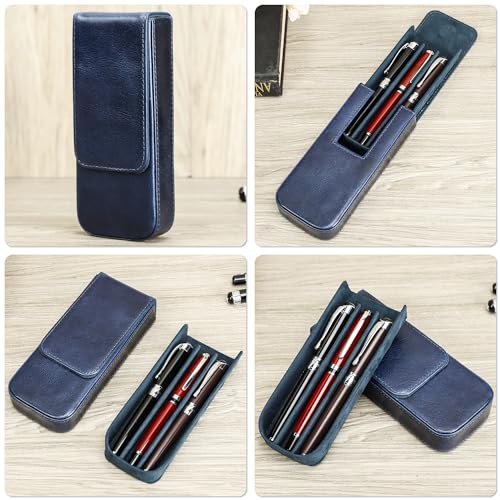 Top Grain Genuine Leather 3 Fountain Pen/Pencil Tray Case Holder, Solid Fashion Design, Handmade, Magnetic Closing with Drawer Design, Gift Choice for Man/Woman/Office, Glossy Blue, 3 Slots - color: Glossy Blue, size: 3 Slots -【Magnetic Closure】