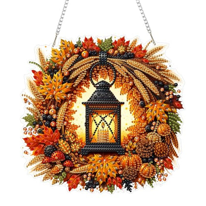 Eiflow Acrylic Diamond Art Hanging Kit for Adults Fall Wreath, DIY Diamonds Painting Door Hanger Board Kit, Special Crystal Diamond Art Painting Pendant Ornament (Lantern) - color: Lantern Wreath