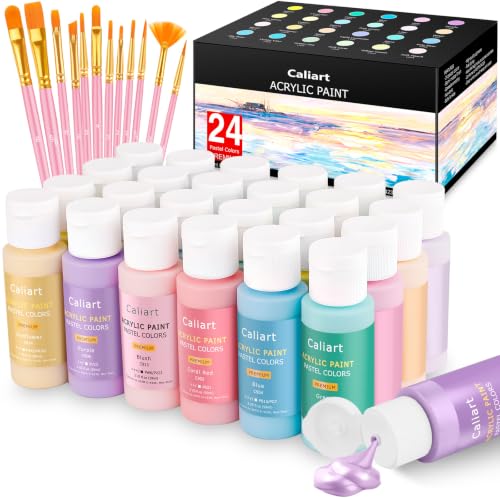 Caliart 24 Colors Pastel Acrylic Paint Set with 12 Brushes | Craft Painting kit for Adults Artists Beginners, Rich Pigment Non-toxic, Canvas Wood Rock Pumpkin Ceramic Art Supplies Paint - color: Pastel, size: 2 Fl Oz (Pack of 24)
