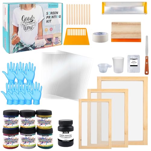 Ecoofor 49pcs All-in-One Screen Printing Kit with, 3 Size Wood Screen Printing Frames, 6 Colors Screen Printing Ink,10 A4 Size Inkjet Transparency Films - color: Blue-Style 1