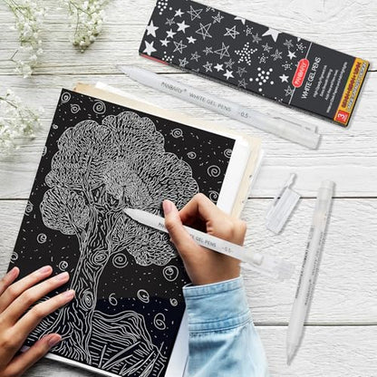 PANDAFLY White Gel Pens, 3-Pack, 0.5mm Fine Point Opaque Gel Ink Pens | White Archival Ink Pens for Highlights, Black Paper Drawing, Sketching, Illustration, Card Making, Bullet Journaling - style: White-0.5mm
